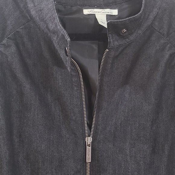 Trendy and Flattering KENNETH COLE Black Denim Bomber Jacket with Ruched Sleeves - Picture 3 of 5